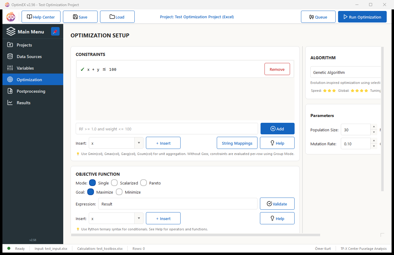 OptimEX GUI Screenshot